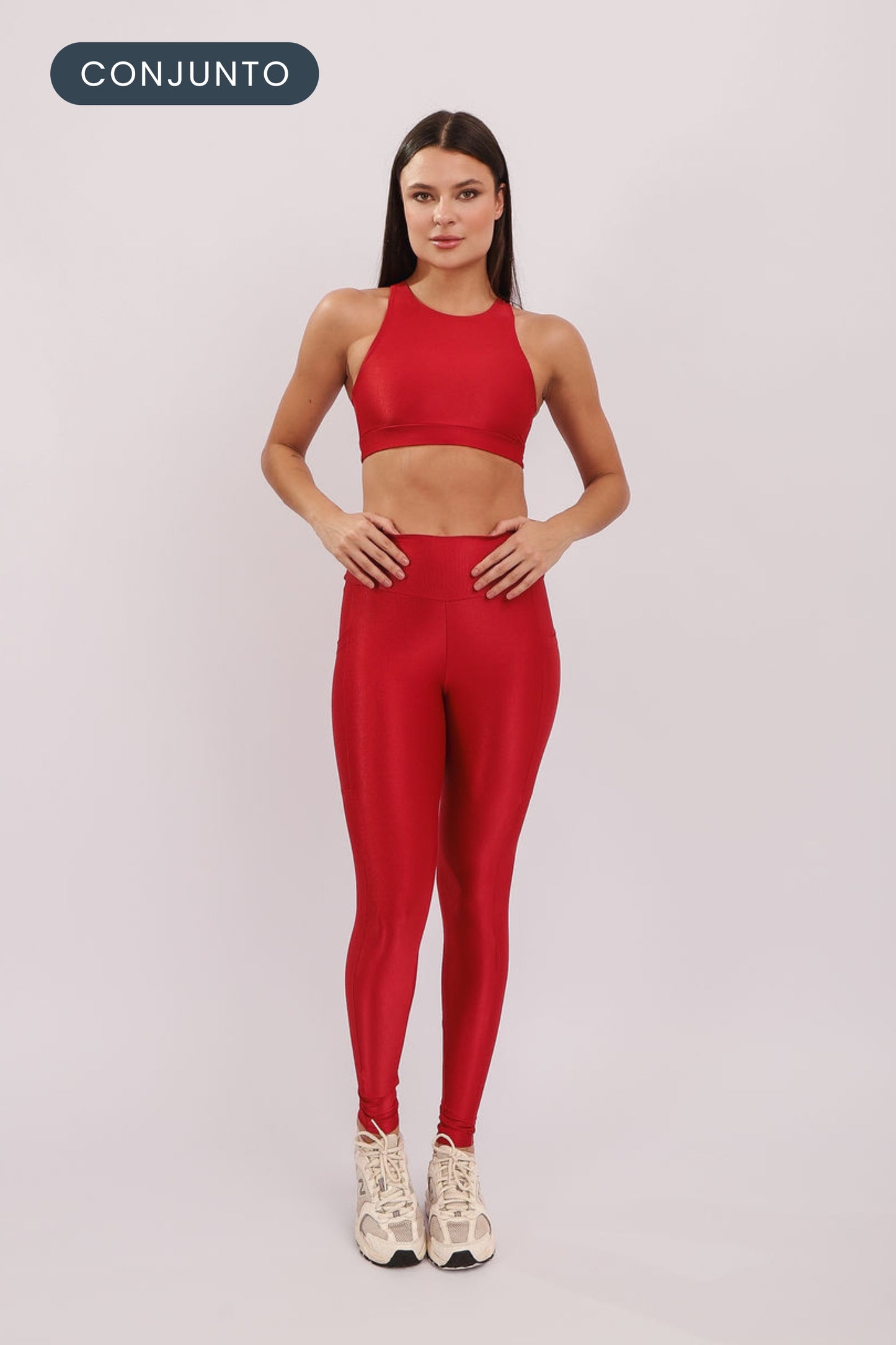 Conjunto Top Laced + Legging Pocket Cherry