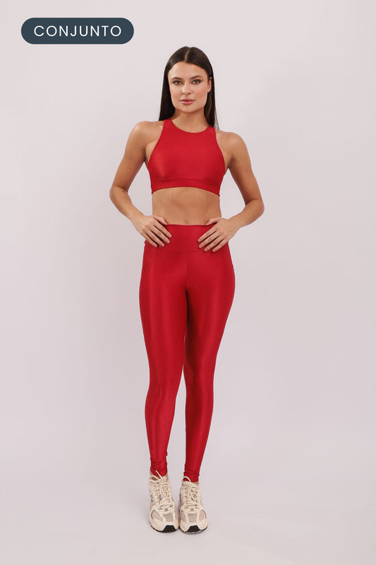 Conjunto Top Laced + Legging Pocket Cherry